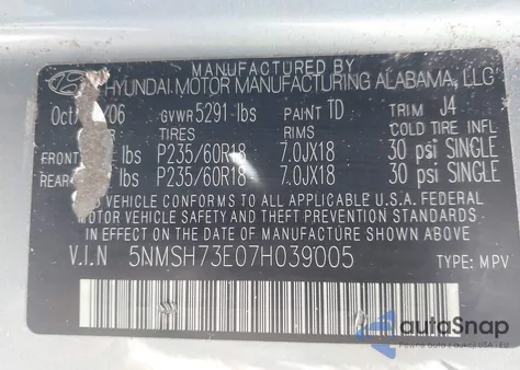 2007 Hyundai Santa Fe Limited/Se from USA, damaged, VIN 5NMSH73E07H039005